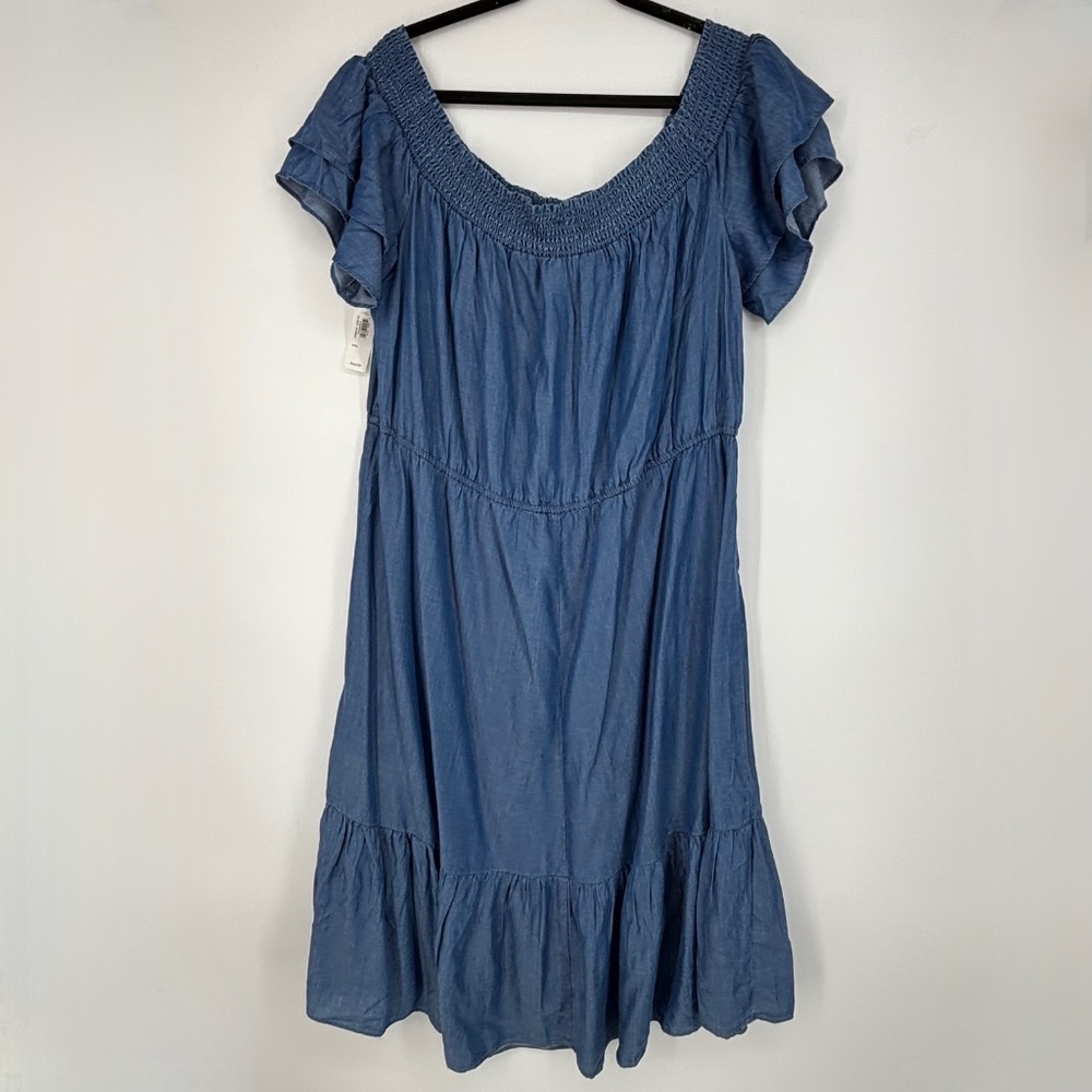 Old Navy Womens XXL Maxi Dress Denim Blue Chambray Off Shoulder Short Sleeves - Picture 5 of 9